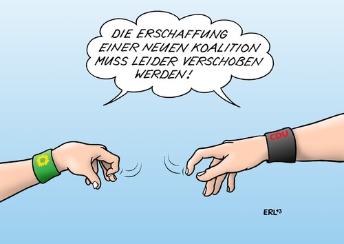 Cartoon: Schwarz Grün (medium) by Erl tagged wahl,regierungsbildung,koalition,partner,suche,sondierung,schwarz,grün,cdu,csu,grüne,die,grünen,michelangelo,buonarotti,sixtinische,kapelle,deckenfresko,erschaffung,adams,adam,gott,schöpfung,kunst,malerei,maler,wahl,regierungsbildung,koalition,partner,suche,sondierung,schwarz,grün,cdu,csu,grüne,die,grünen,michelangelo,buonarotti,sixtinische,kapelle,deckenfresko,erschaffung,adams,adam,gott,schöpfung,kunst,malerei,maler