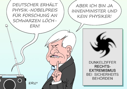 Cartoon: Schwarzes Loch (medium) by Erl tagged politik,innenminister,horst,seehofer,ablehnung,studie,rechtsextremismus,polizei,verfassungsschutz,mad,sicherheitsbehörden,chats,verherrlichung,nationalsozialismus,hakenkreuz,gewaltphantasien,andersdenkende,flüchtlige,fälle,dunkelziffer,schwarzes,loch,physik,nobelpreis,forschung,karikatur,erl,politik,innenminister,horst,seehofer,ablehnung,studie,rechtsextremismus,polizei,verfassungsschutz,mad,sicherheitsbehörden,chats,verherrlichung,nationalsozialismus,hakenkreuz,gewaltphantasien,andersdenkende,flüchtlige,fälle,dunkelziffer,schwarzes,loch,physik,nobelpreis,forschung,karikatur,erl