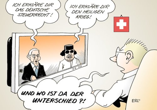 Cartoon: Schweiz (medium) by Erl tagged schweiz,deutschland,schäuble,steuerstreit,steuerrecht,steuerhinterziehung,erklärung,libyen,gaddafi,heiliger,krieg,kriegserklärung,schweiz,deutschland,schäuble,steuerstreit,steuerrecht,steuerhinterziehung,erklärung,libyen,gaddafi,heiliger,kriegserklärung,krieg,dschihad