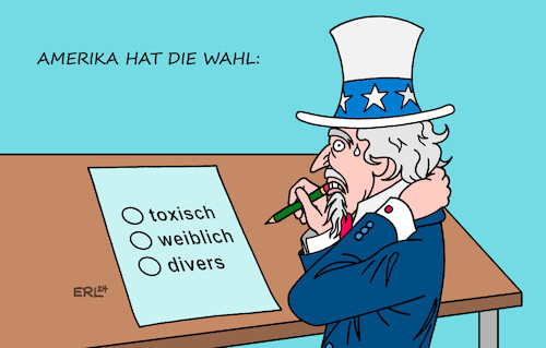 Cartoon: Schwere Entscheidung (medium) by Erl tagged politik,deutschland,wahl,geschlecht,name,identität,usa,harris,weiblich,trump,toxisch,grüne,divers,uncle,sam,karikatur,erl,politik,deutschland,wahl,geschlecht,name,identität,usa,harris,weiblich,trump,toxisch,grüne,divers,uncle,sam,karikatur,erl