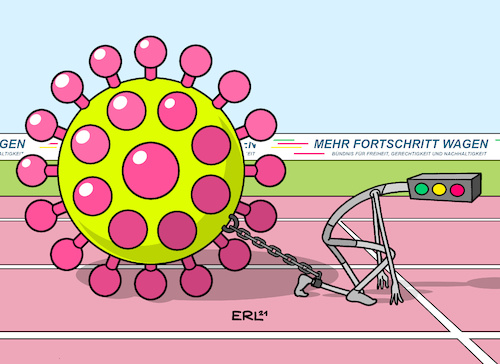 Cartoon: Schwerer Start (medium) by Erl tagged politik,regierung,neu,ampel,koalition,spd,grüne,fdp,rot,gelb,grün,koalitionsvertrag,fortschritt,modernisierung,start,schwer,corona,virus,pandemie,covid19,vierte,welle,inzidenz,rekord,fußfessel,karikatur,erl,politik,regierung,neu,ampel,koalition,spd,grüne,fdp,rot,gelb,grün,koalitionsvertrag,fortschritt,modernisierung,start,schwer,corona,virus,pandemie,covid19,vierte,welle,inzidenz,rekord,fußfessel,karikatur,erl