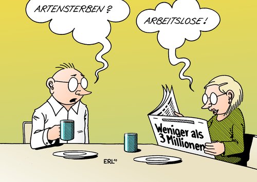 Cartoon: Schwund (medium) by Erl tagged arbeitslosigkeit,arbeitslose,drei,millionen,rückgang,arten,artensterben,artenschutz,arbeitslosigkeit,arbeitslose,rückgang,arten,artenschutz,harzt,job,arbeit,schwund