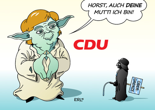 Cartoon: Seehofer CDU (medium) by Erl tagged cdu,partei,parteitag,flüchtlinge,bundeskanzlerin,angela,merkel,mutti,wir,schafen,das,harmonie,kritik,konservative,csu,obergrenze,gast,redner,horst,seehofer,ministerpräsident,bayern,kino,film,star,wars,yoda,darth,vader,karikatur,erl,cdu,partei,parteitag,flüchtlinge,bundeskanzlerin,angela,merkel,mutti,wir,schafen,das,harmonie,kritik,konservative,csu,obergrenze,gast,redner,horst,seehofer,ministerpräsident,bayern,kino,film,star,wars,yoda,darth,vader,karikatur,erl