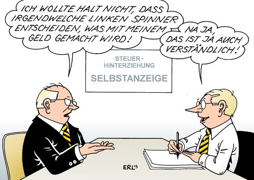 Cartoon: Selbstanzeige (medium) by Erl tagged uli,hoeneß,präsident,bayern,münchen,fußball,steuerhinterziehung,schwarzgeld,schweiz,selbstanzeige,fiskus,finanzamt,streit,regierung,cdu,csu,fdp,schwarz,gelb,rot,grün,spd,grüne,steuerflucht,uli,hoeneß,präsident,bayern,münchen,fußball,steuerhinterziehung,schwarzgeld,schweiz,selbstanzeige,fiskus,finanzamt,streit,regierung,cdu,csu,fdp,schwarz,gelb,rot,grün,spd,grüne,steuerflucht