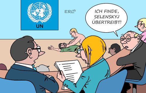 Cartoon: Selenskyj UN (medium) by Erl tagged politik,vereinte,nationen,un,vollversammlung,rede,wolodymyr,selenskyj,bitte,hilfe,abwehr,verteidigung,krieg,überfall,russland,wladimir,putin,karikatur,erl,politik,vereinte,nationen,un,vollversammlung,rede,wolodymyr,selenskyj,bitte,hilfe,abwehr,verteidigung,krieg,überfall,russland,wladimir,putin,karikatur,erl