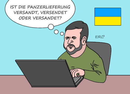 Cartoon: Sendungsverfolgung (medium) by Erl tagged politik,krieg,russland,ukraine,waffenlieferungen,panzer,panzerlieferungen,versandt,versendet,versandet,sendungsverfolgung,wolodymyr,selenskyj,karikatur,erl,politik,krieg,russland,ukraine,waffenlieferungen,panzer,panzerlieferungen,versandt,versendet,versandet,sendungsverfolgung,wolodymyr,selenskyj,karikatur,erl