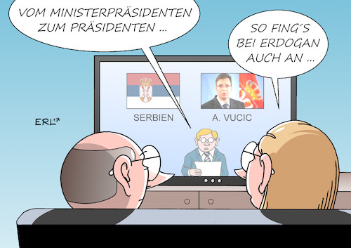 Cartoon: Serbien (medium) by Erl tagged serbien,wahl,präsidentschaftswahl,sieger,aleksandar,vucic,ministerpräsident,präsident,starker,mann,parallele,türkei,erdogan,demokratie,autokratie,trend,karikatur,erl,serbien,wahl,präsidentschaftswahl,sieger,aleksandar,vucic,ministerpräsident,präsident,starker,mann,parallele,türkei,erdogan,demokratie,autokratie,trend,karikatur,erl