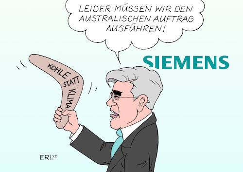 Cartoon: Siemens (medium) by Erl tagged politik,wirtschaft,industrie,siemens,auftrag,australien,kohle,kohleabbau,co2,klima,klimawandel,erderwärmung,protest,fridays,for,future,bumerang,buschfeuer,joe,kaeser,karikatur,erl,politik,wirtschaft,industrie,siemens,auftrag,australien,kohle,kohleabbau,co2,klima,klimawandel,erderwärmung,protest,fridays,for,future,bumerang,buschfeuer,joe,kaeser,karikatur,erl