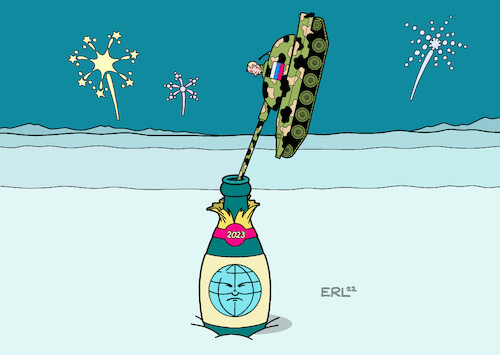 Cartoon: Silvesterrakete (medium) by Erl tagged politik,silvester,jahreswechsel,2022,2023,neujahr,feuerwerk,böller,silvesterrakete,wladimir,putin,panzer,krieg,angriff,überfall,ukraine,welt,erde,sekt,sektflasche,karikatur,erl,politik,silvester,jahreswechsel,2022,2023,neujahr,feuerwerk,böller,silvesterrakete,wladimir,putin,panzer,krieg,angriff,überfall,ukraine,welt,erde,sekt,sektflasche,karikatur,erl