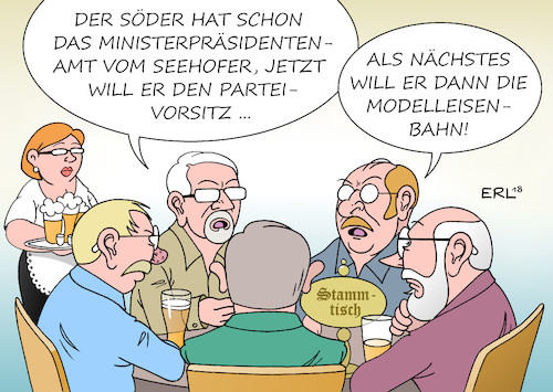 Cartoon: Söder (medium) by Erl tagged politik,csu,verluste,wahlen,umfragetief,horst,seehofer,ministerpräsident,nachfolger,markus,söder,parteivorsitz,kandidat,favorit,rivalen,feinde,parteifreunde,modelleisenbahn,karikatur,erl,politik,csu,verluste,wahlen,umfragetief,horst,seehofer,ministerpräsident,nachfolger,markus,söder,parteivorsitz,kandidat,favorit,rivalen,feinde,parteifreunde,modelleisenbahn,karikatur,erl