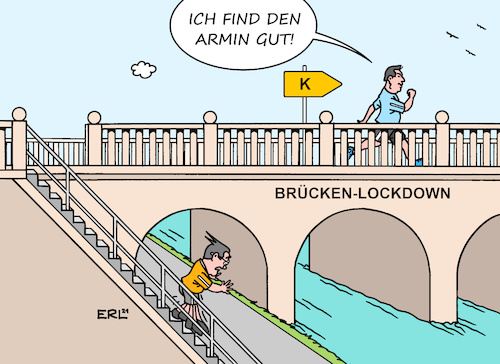 Cartoon: Söder findet Laschet gut (medium) by Erl tagged politik,corona,virus,pandemie,covid19,lockdown,lockerung,öffnung,anstieg,fallzahlen,infektionen,dritte,welle,impfen,impfung,langsam,cdu,vorsitzender,armin,laschet,zögern,zaudern,nachdenken,ergebnis,brückenlockdown,konkurrent,kanzlerkandidat,markus,söder,csu,lob,vorteil,brücke,frage,fluss,treppe,karikatur,erl,politik,corona,virus,pandemie,covid19,lockdown,lockerung,öffnung,anstieg,fallzahlen,infektionen,dritte,welle,impfen,impfung,langsam,cdu,vorsitzender,armin,laschet,zögern,zaudern,nachdenken,ergebnis,brückenlockdown,konkurrent,kanzlerkandidat,markus,söder,csu,lob,vorteil,brücke,frage,fluss,treppe,karikatur,erl