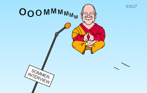 Cartoon: Sommerinterview (medium) by Erl tagged politik,bundeskanzler,olaf,scholz,interview,sommerinterview,zdf,wirtschaft,zuwanderung,migration,klima,energie,krieg,russland,ukraine,taurus,marschflugkörper,ampel,gelassenheit,buddhismus,meditation,schweben,karikatur,erl,politik,bundeskanzler,olaf,scholz,interview,sommerinterview,zdf,wirtschaft,zuwanderung,migration,klima,energie,krieg,russland,ukraine,taurus,marschflugkörper,ampel,gelassenheit,buddhismus,meditation,schweben,karikatur,erl