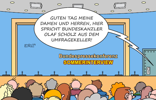 Cartoon: Sommerinterview Scholz (medium) by Erl tagged politik,bundeskanzler,olaf,scholz,sommerinterview,bundespressekonferenz,berlin,journalistinnen,journalisten,frage,antwort,umfragewerte,umfragetief,spd,umfragekeller,karikatur,erl,politik,bundeskanzler,olaf,scholz,sommerinterview,bundespressekonferenz,berlin,journalistinnen,journalisten,frage,antwort,umfragewerte,umfragetief,spd,umfragekeller,karikatur,erl