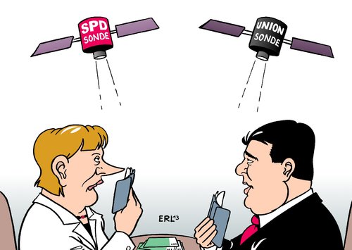 Cartoon: Sondierungsgespräch (medium) by Erl tagged bundestagswahl,wahl,sondierung,sondierungsgespräch,cdu,csu,spd,bundeskanzlerin,angela,merkel,sigmar,gabriel,poker,karten,sonde,raumsonde,beobachtung,bundestagswahl,wahl,sondierung,sondierungsgespräch,cdu,csu,spd,bundeskanzlerin,angela,merkel,sigmar,gabriel,poker,karten,sonde,raumsonde,beobachtung