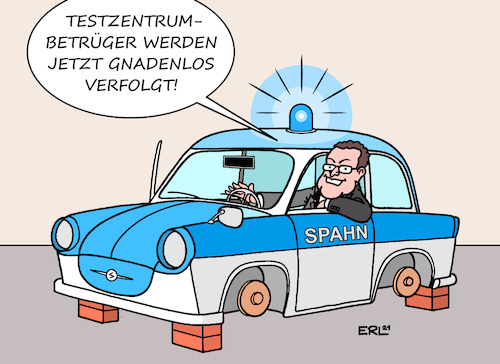 Cartoon: Spahn (medium) by Erl tagged politik,corona,virus,pandemie,covid19,test,testzentrum,betreiber,privat,betrug,abrechnung,abrechnungsbetrug,krankenkasse,gesundheitsminister,jens,spahn,aufklärung,verfolgung,ankündigung,worte,taten,misswirtschaft,polizeiauto,blaulicht,reifen,ziegelsteine,karikatur,erl,politik,corona,virus,pandemie,covid19,test,testzentrum,betreiber,privat,betrug,abrechnung,abrechnungsbetrug,krankenkasse,gesundheitsminister,jens,spahn,aufklärung,verfolgung,ankündigung,worte,taten,misswirtschaft,polizeiauto,blaulicht,reifen,ziegelsteine,karikatur,erl