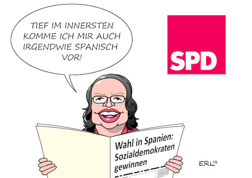 Cartoon: Spanien Wahl (medium) by Erl tagged politik,wahl,parlament,spanien,sieg,sozialdemokraten,sozialisten,psoe,hoffnung,spd,deutschland,andrea,nahles,spanisch,karikatur,erl,politik,wahl,parlament,spanien,sieg,sozialdemokraten,sozialisten,psoe,hoffnung,spd,deutschland,andrea,nahles,spanisch,karikatur,erl