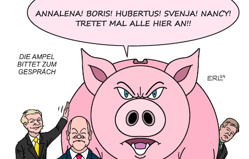 Cartoon: Sparen ist angesagt (medium) by Erl tagged politik,bundesregierung,ampel,spd,grüne,fdp,finanzminister,christian,lindner,bundeskanzler,olaf,scholz,wirtschaftsminister,robert,habeck,gespräch,überzeugungsarbeit,sparschwein,appell,kolleginnen,kollegen,sparkurs,sparen,außenministerin,annalena,baerbock,verteidigungsminister,boris,pistorius,arbeitsminister,hubertus,heil,entwicklungsministerin,svenja,schulze,innenministerin,nancy,faeser,karikatur,erl,politik,bundesregierung,ampel,spd,grüne,fdp,finanzminister,christian,lindner,bundeskanzler,olaf,scholz,wirtschaftsminister,robert,habeck,gespräch,überzeugungsarbeit,sparschwein,appell,kolleginnen,kollegen,sparkurs,sparen,außenministerin,annalena,baerbock,verteidigungsminister,boris,pistorius,arbeitsminister,hubertus,heil,entwicklungsministerin,svenja,schulze,innenministerin,nancy,faeser,karikatur,erl