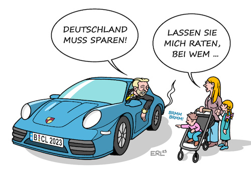 Cartoon: Sparkurs (medium) by Erl tagged politik,geld,finanzen,finanzminister,chistian,lindner,fdp,sparkurs,sparen,kindergrundsicherung,kinder,familien,soziales,arm,reich,porschefahrer,porsche,karikatur,erl,politik,geld,finanzen,finanzminister,chistian,lindner,fdp,sparkurs,sparen,kindergrundsicherung,kinder,familien,soziales,arm,reich,porschefahrer,porsche,karikatur,erl