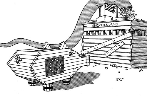 Cartoon: Sparschwein (medium) by Erl tagged griechenland,schulden,krise,finanzen,hilfspaket,sparen,demonstration,widerstand,streik,eu,euro,trojaner,akropolis