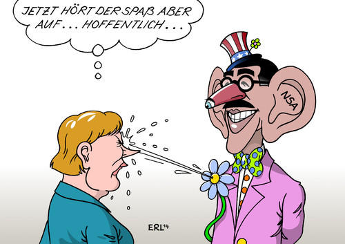 Cartoon: Spaß (medium) by Erl tagged merkel,obama,usa,deutschland,geheimdienst,nsa,bnd,doppelagent,abhöraffäre,überwachung,spionage,freundschaft,spaß,ernst,merkel,obama,usa,deutschland,geheimdienst,nsa,bnd,doppelagent,abhöraffäre,überwachung,spionage,freundschaft,spaß,ernst