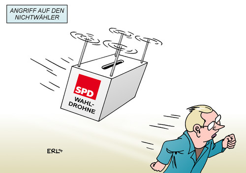 Cartoon: SPD-Wahlreform (medium) by Erl tagged spd,generalsekretärin,fahimi,vorschlag,wahl,wahlen,reform,wochen,mobil,nichtwähler,angriff,drohne,urne,wahlurne,karikatur,erl,spd,generalsekretärin,fahimi,vorschlag,wahl,wahlen,reform,wochen,mobil,nichtwähler,angriff,drohne,urne,wahlurne