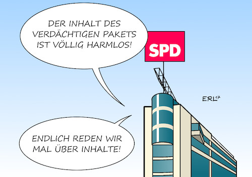 Cartoon: SPD (medium) by Erl tagged spd,sozialdemokraten,partei,vorsitzender,kanzlerkandidat,martin,schulz,hype,schulzeffekt,euphorie,landtagswahlen,niederlage,ernüchterung,forderung,inhalt,inhalte,programm,wahlprogramm,parteizentrale,willy,brandt,haus,berlin,paket,verdächtig,harmlos,karikatur,erl,spd,sozialdemokraten,partei,vorsitzender,kanzlerkandidat,martin,schulz,hype,schulzeffekt,euphorie,landtagswahlen,niederlage,ernüchterung,forderung,inhalt,inhalte,programm,wahlprogramm,parteizentrale,willy,brandt,haus,berlin,paket,verdächtig,harmlos,karikatur,erl