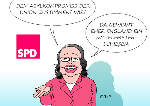 Cartoon: SPD Asylkompromiss (medium) by Erl tagged illustration,politik,große,koalition,groko,streit,cdu,csu,asylpolitik,flüchtlinge,grenze,zurückweisung,innenminister,horst,seehofer,national,alleingang,bundeskanzlerin,angela,merkel,eu,europa,europäische,lösung,kompromiss,transitzentren,lager,spd,zustimmung,ablehnung,ball,explosiv,bombe,fußball,weltmeisterschaft,elfmeterschießen,england,karikatur,erl,illustration,politik,große,koalition,groko,streit,cdu,csu,asylpolitik,flüchtlinge,grenze,zurückweisung,innenminister,horst,seehofer,national,alleingang,bundeskanzlerin,angela,merkel,eu,europa,europäische,lösung,kompromiss,transitzentren,lager,spd,zustimmung,ablehnung,ball,explosiv,bombe,fußball,weltmeisterschaft,elfmeterschießen,england,karikatur,erl