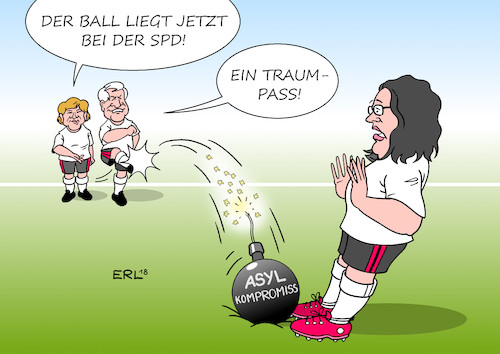 Cartoon: SPD Asylkompromiss (medium) by Erl tagged politik,große,koalition,groko,streit,cdu,csu,asylpolitik,flüchtlinge,grenze,zurückweisung,innenminister,horst,seehofer,national,alleingang,bundeskanzlerin,angela,merkel,eu,europa,europäische,lösung,kompromiss,transitzentren,lager,spd,zustimmung,ablehnung,ball,explosiv,bombe,fußball,weltmeisterschaft,traumpass,karikatur,erl,politik,große,koalition,groko,streit,cdu,csu,asylpolitik,flüchtlinge,grenze,zurückweisung,innenminister,horst,seehofer,national,alleingang,bundeskanzlerin,angela,merkel,eu,europa,europäische,lösung,kompromiss,transitzentren,lager,spd,zustimmung,ablehnung,ball,explosiv,bombe,fußball,weltmeisterschaft,traumpass,karikatur,erl