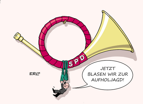 Cartoon: SPD Aufholjagd (medium) by Erl tagged politik,partei,spd,sozialdemokraten,parteitag,bundestagswahl,aufbruch,aufholjagd,blasen,horn,jagdhorn,kanzlerkandidat,olaf,scholz,umfragen,umfragetief,umfragekeller,stagnation,karikatur,erl,politik,partei,spd,sozialdemokraten,parteitag,bundestagswahl,aufbruch,aufholjagd,blasen,horn,jagdhorn,kanzlerkandidat,olaf,scholz,umfragen,umfragetief,umfragekeller,stagnation,karikatur,erl