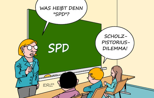 Cartoon: SPD Bedeutung (medium) by Erl tagged politik,neuwahlen,spd,kanzler,scholz,beliebtheit,pistorius,kanzlerkandidat,dilemma,schule,kinder,karikatur,erl,politik,neuwahlen,spd,kanzler,scholz,beliebtheit,pistorius,kanzlerkandidat,dilemma,schule,kinder,karikatur,erl