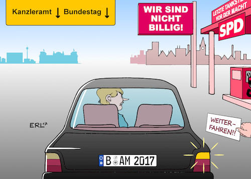 Cartoon: SPD Preis (medium) by Erl tagged bundestagswahl,wahl,bundestag,regierung,regierungsbildung,sondierung,jamaika,scheitern,möglichkeit,große,koalition,groko,schwarz,rot,cdu,csu,spd,wunsch,opposition,preis,eintritt,bundeskanzlerin,angela,merkel,auto,benzin,tankstelle,teuer,kanzleramt,karikatur,erl,bundestagswahl,wahl,bundestag,regierung,regierungsbildung,sondierung,jamaika,scheitern,möglichkeit,große,koalition,groko,schwarz,rot,cdu,csu,spd,wunsch,opposition,preis,eintritt,bundeskanzlerin,angela,merkel,auto,benzin,tankstelle,teuer,kanzleramt,karikatur,erl