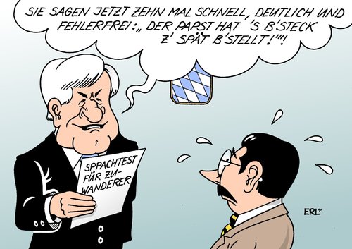 Cartoon: Sprachtest (medium) by Erl tagged csu,seehofer,sprachtest,zuwanderer,zuwanderung,ausgrenzung,hürde,zungenbrecher,test,papst,besteck,bestellung,bayern,csu,horst seehofer,sprachtest,zuwanderer,zuwanderung,ausgrenzung,hürde,zungenbrecher,test,papst,besteck,bestellung,bayern,integration,ausländer,horst,seehofer