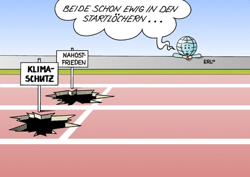 Cartoon: Startlöcher (medium) by Erl tagged klimawandel,erderwärmung,klima,gipfel,klimagipfel,nahost,frieden,gespräche,friedensgespräche,anlauf,scheitern,erde,klimawandel,erderwärmung,klima,gipfel,klimagipfel,nahost,frieden,gespräche,friedensgespräche,anlauf,scheitern,erde