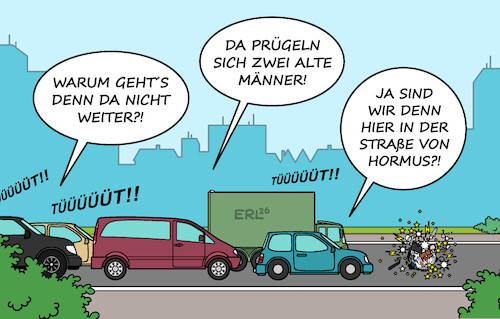 Cartoon: Stau (medium) by Erl tagged politik,irankrieg,usa,iran,blockade,straße,von,hormus,öffnung,schließung,trump,mullah,alte,männer,stau,auto,karikatur,erl,politik,irankrieg,usa,iran,blockade,straße,von,hormus,öffnung,schließung,trump,mullah,alte,männer,stau,auto,karikatur,erl