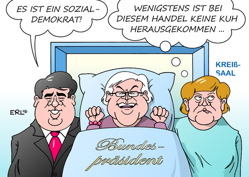 Cartoon: Steinmeier (medium) by Erl tagged bundespräsident,gauck,amtszeit,ende,nachfolge,kandidat,frank,walter,steinmeier,außenminister,konsens,kompromiss,große,koalition,cdu,csu,spd,sozialdemokrat,geburt,kreißsaal,vater,sigmar,gabriel,mutter,bundeskanzlerin,angela,merkel,kuhhandel,kuh,karikatur,erl,bundespräsident,gauck,amtszeit,ende,nachfolge,kandidat,frank,walter,steinmeier,außenminister,konsens,kompromiss,große,koalition,cdu,csu,spd,sozialdemokrat,geburt,kreißsaal,vater,sigmar,gabriel,mutter,bundeskanzlerin,angela,merkel,kuhhandel,kuh,karikatur,erl