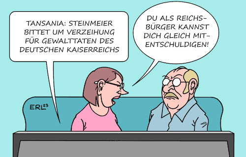 Cartoon: Steinmeier Entschuldigung II (medium) by Erl tagged politik,deutschland,geschichte,kolonialzeit,kolonien,afrika,tansania,bundespräsident,frankwalter,steinmeier,besuch,bitte,verzeihung,gewalttaten,kolonialherren,überfällig,deutsches,reich,kaiserreich,reichsbürger,karikatur,erl,politik,deutschland,geschichte,kolonialzeit,kolonien,afrika,tansania,bundespräsident,frankwalter,steinmeier,besuch,bitte,verzeihung,gewalttaten,kolonialherren,überfällig,deutsches,reich,kaiserreich,reichsbürger,karikatur,erl