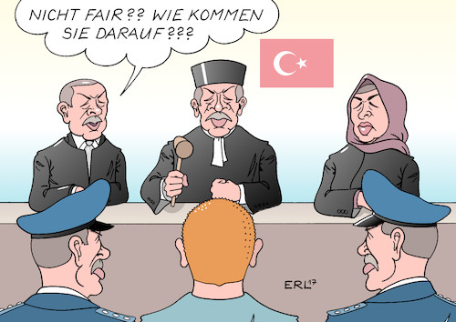 Cartoon: Steudtner-Prozess (medium) by Erl tagged türkei,präsident,erdogan,putschversuch,säuberung,verhaftungen,journalisten,juristen,pressefreiheit,meinungsfreiheit,demokratie,menschenrechte,aktivist,menschenrechtsaktivist,peter,steudtner,deutschland,deutscher,staatsbürger,vorwurf,anklage,unterstützung,terrorismus,terror,gülen,prozess,fairness,rechtsstaat,karikatur,erl,türkei,präsident,erdogan,putschversuch,säuberung,verhaftungen,journalisten,juristen,pressefreiheit,meinungsfreiheit,demokratie,menschenrechte,aktivist,menschenrechtsaktivist,peter,steudtner,deutschland,deutscher,staatsbürger,vorwurf,anklage,unterstützung,terrorismus,terror,gülen,prozess,fairness,rechtsstaat,karikatur,erl