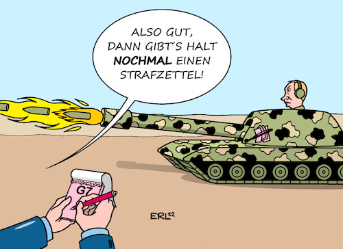 Cartoon: Strafzettel (medium) by Erl tagged politik,krieg,wladimir,putin,russland,ukraine,g7,usa,großbritannien,frankreich,deutschland,japan,kanada,italien,eu,beschluss,sanktionen,panzer,strafzettel,karikatur,erl,politik,krieg,wladimir,putin,russland,ukraine,g7,usa,großbritannien,frankreich,deutschland,japan,kanada,italien,eu,beschluss,sanktionen,panzer,strafzettel,karikatur,erl