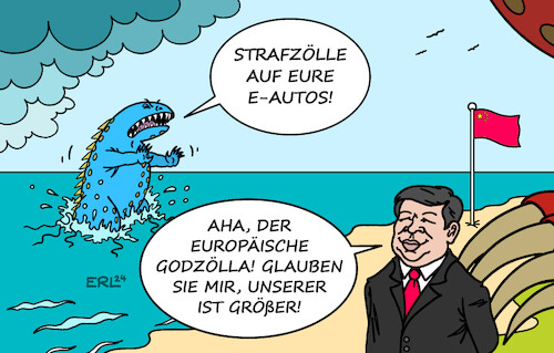 Cartoon: Strafzölle (medium) by Erl tagged politik,wirtschaft,handel,eu,strafzölle,elektroautos,autos,china,subventionierung,wettbewerbsverzerrung,ankündigung,gegenmaßnahmen,vergeltung,handelskrieg,film,monster,godzilla,xi,jinping,karikatur,erl,politik,wirtschaft,handel,eu,strafzölle,elektroautos,autos,china,subventionierung,wettbewerbsverzerrung,ankündigung,gegenmaßnahmen,vergeltung,handelskrieg,film,monster,godzilla,xi,jinping,karikatur,erl