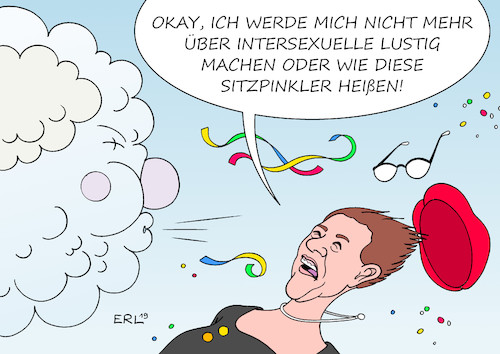 Cartoon: Sturmtief I (medium) by Erl tagged politik,karneval,fasnacht,fasching,wetter,sturm,tief,sturmtief,annegret,kramp,karrenbauer,auftritt,witz,toiletten,drittes,geschlecht,intersexualität,vermischung,sitzpinkler,macht,minderheit,konservativ,entrüstung,karikatur,erl,politik,karneval,fasnacht,fasching,wetter,sturm,tief,sturmtief,annegret,kramp,karrenbauer,auftritt,witz,toiletten,drittes,geschlecht,intersexualität,vermischung,sitzpinkler,macht,minderheit,konservativ,entrüstung,karikatur,erl