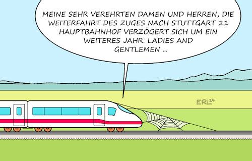 Cartoon: Stuttgart 21 (medium) by Erl tagged politik,verkehr,bahn,projekt,stuttgart,21,umbau,kopfbahnhof,durchgangsbahnhof,unterirdisch,kosten,kostenexplosion,verzögerung,jahre,jahr,fahrgäste,lokführer,durchsage,weiterfahrt,zug,karikatur,erl,politik,verkehr,bahn,projekt,stuttgart,21,umbau,kopfbahnhof,durchgangsbahnhof,unterirdisch,kosten,kostenexplosion,verzögerung,jahre,jahr,fahrgäste,lokführer,durchsage,weiterfahrt,zug,karikatur,erl