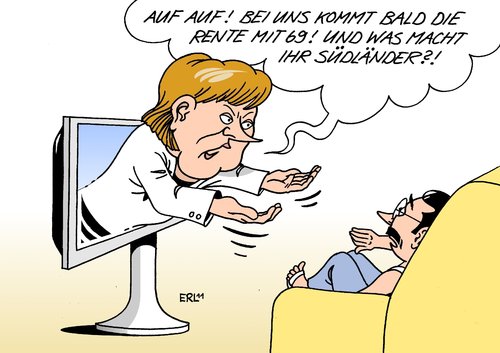 Cartoon: Südländer Rente mit 69 (medium) by Erl tagged merkel,bundeskanzlerin,euro,eu,schuldenkrise,südländer,griechenland,portugal,urlaub,rente,deutschland,wirtschaftsweise,prognose,69,jahre,merkel,bundeskanzlerin,euro,eu,schuldenkrise,südländer,griechenland,portugal,urlaub,rente,deutschland,prognose,69,wirtschaftsweise