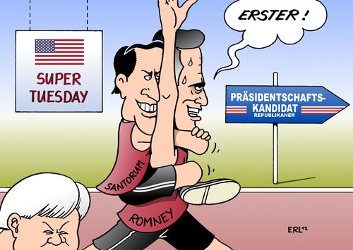 Cartoon: Super Tuesday (medium) by Erl tagged usa,vorwahlen,republikaner,super,tuesday,mitt,romney,rick,santorum,newt,gingrich,abschütteln,sieger,partei,konservativ,religiös,tea,party,usa,vorwahlen,republikaner,super tuesday,romney,super,tuesday,präsident