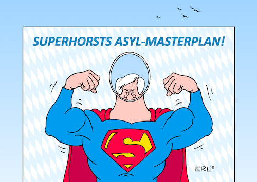 Cartoon: Superhorst (medium) by Erl tagged politik,deutschland,streit,flüchtlingspolitik,asylmasterplan,innenminister,horst,seehofer,csu,flüchtlinge,grenze,transitzentren,zurückweisung,bundeskanzlerin,merkel,cdu,eu,recht,europa,gipfel,krisensitzung,drohung,rücktritt,regierungskrise,staatskrise,kompromiss,masterplan,abschottung,superman,angst,afd,rechtspopulismus,karikatur,erl,politik,deutschland,streit,flüchtlingspolitik,asylmasterplan,innenminister,horst,seehofer,csu,flüchtlinge,grenze,transitzentren,zurückweisung,bundeskanzlerin,merkel,cdu,eu,recht,europa,gipfel,krisensitzung,drohung,rücktritt,regierungskrise,staatskrise,kompromiss,masterplan,abschottung,superman,angst,afd,rechtspopulismus,karikatur,erl