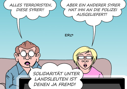 Cartoon: Syrer (medium) by Erl tagged tipp,hilfe,polizei,festnahme,leipzig,chemnitz,täter,sprengstoff,planung,anschlag,terrorist,terrorismus,terror,staat,islamischer,is,verbindung,deutschland,syrien,flüchtling,flüchtlinge,landsmann,bestätigung,vorurteil,karikatur,erl,flüchtlinge,flüchtling,syrien,deutschland,verbindung,is,islamischer,staat,terror,anschlag,planung,sprengstoff,täter,festnahme,landsmann,polizei,bestätigung,vorurteil,karikatur,erl