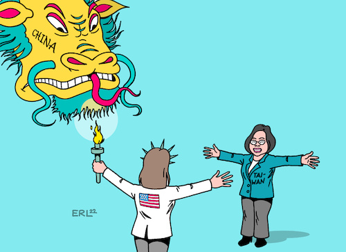 Cartoon: Taiwan (medium) by Erl tagged politik,usa,nancy,pelosi,demokraten,sprecherin,repräsentantenhaus,reise,ostasien,besuch,taiwan,provokation,china,drache,bart,feuer,fackel,freiheit,karikatur,erl,politik,usa,nancy,pelosi,demokraten,sprecherin,repräsentantenhaus,reise,ostasien,besuch,taiwan,provokation,china,drache,bart,feuer,fackel,freiheit,karikatur,erl