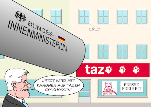 Cartoon: taz (medium) by Erl tagged politik,zeitung,tageszeitung,taz,artikel,satire,polizei,vergleich,müll,innenminister,horst,seehofer,anzeige,mit,kanonen,auf,spatzen,schießen,pressefreiheit,karikatur,erl,politik,zeitung,tageszeitung,taz,artikel,satire,polizei,vergleich,müll,innenminister,horst,seehofer,anzeige,mit,kanonen,auf,spatzen,schießen,pressefreiheit,karikatur,erl