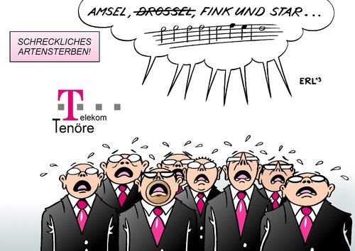 Cartoon: Telekom-Drossel (medium) by Erl tagged deutsche,telekom,gesellschaft,aktiengesellschaft,ag,telefon,internet,flatrate,daten,datenmenge,drosselung,drossel,leitung,kommunikation,urteil,gericht,rechtswidrig,tenor,tenöre,chor,lied,amsel,fink,star,art,artensterben,deutsche,telekom,gesellschaft,aktiengesellschaft,ag,telefon,internet,flatrate,daten,datenmenge,drosselung,drossel,leitung,kommunikation,urteil,gericht,rechtswidrig,tenor,tenöre,chor,lied,amsel,fink,star,art,artensterben