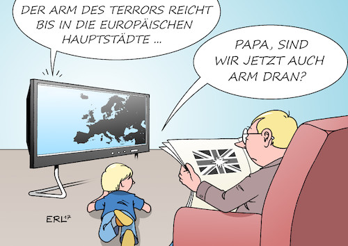 Cartoon: Terror (medium) by Erl tagged terror,terrorismus,london,großbritannien,hauptstadt,europa,gefahr,is,islamismus,arm,angst,kind,vater,sicherheit,karikatur,erl,terror,terrorismus,london,großbritannien,hauptstadt,europa,gefahr,is,islamismus,arm,angst,kind,vater,sicherheit,karikatur,erl