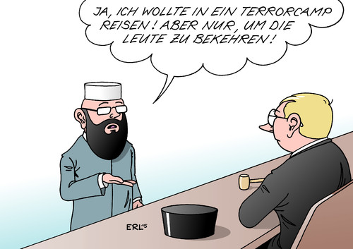 Cartoon: Terrorcamp-Reise (medium) by Erl tagged dschihad,dschihadist,islamismus,terror,ausbildung,terrorcamp,reise,absicht,strafe,strafbar,gesetz,justiz,gericht,karikatur,erl,dschihad,dschihadist,islamismus,terror,ausbildung,terrorcamp,reise,absicht,strafe,strafbar,gesetz,justiz,gericht